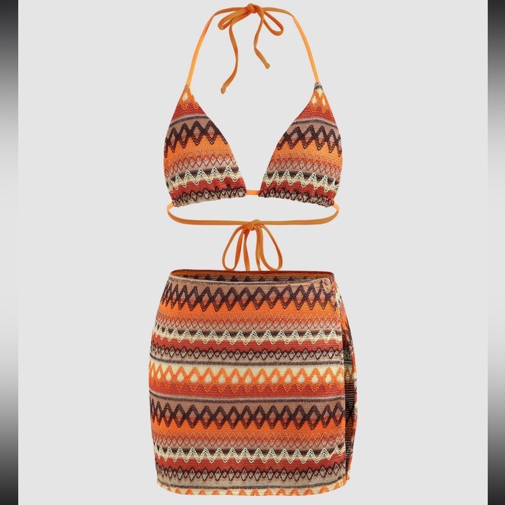 Cider Knit Halter Triangle Bikini Set With Beach Skirt